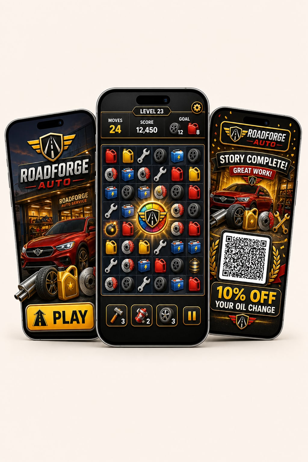 RoadForge Auto branded campaign journey showing splash screen, active gameplay, and final reward