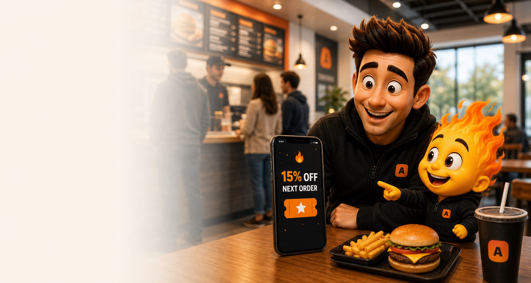 Spark and Guy demonstrating a restaurant loyalty reward