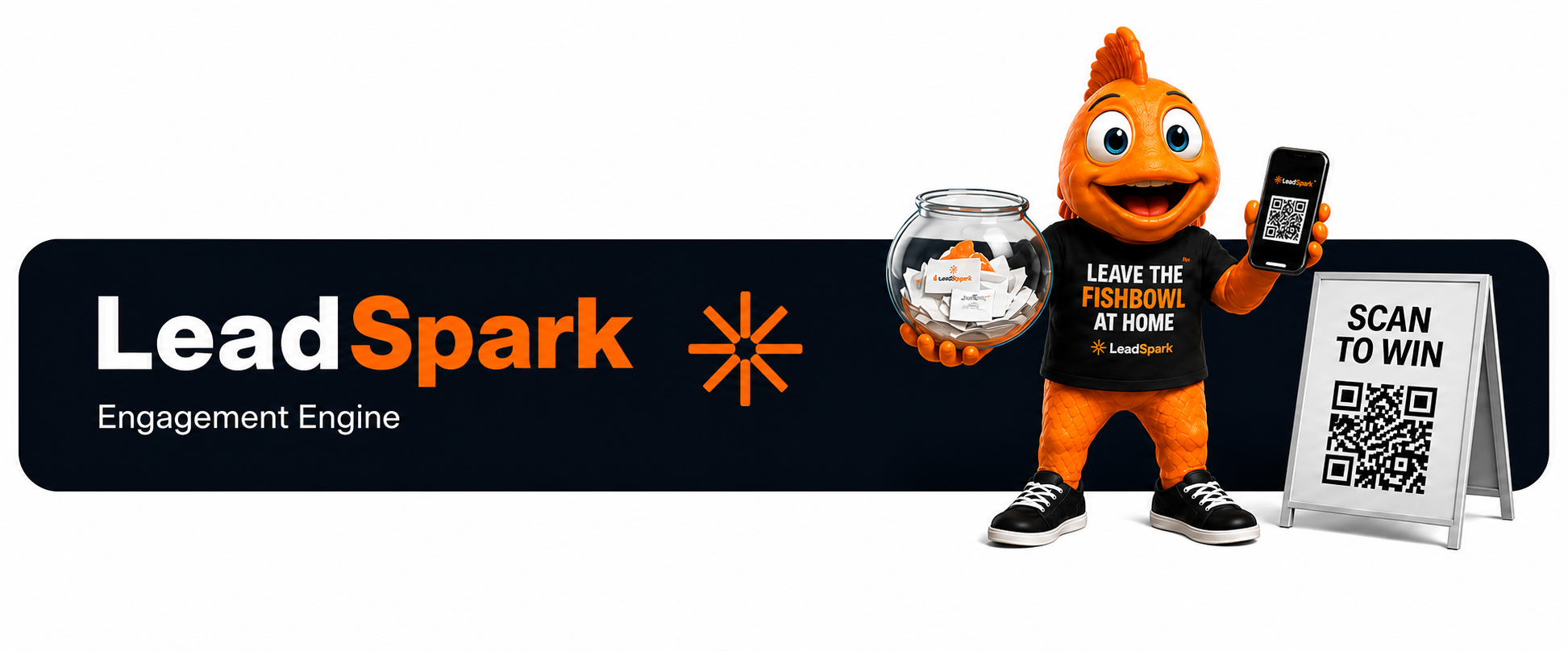 LeadSpark branded campaign artwork with QR scan, visitor engagement, and lead-capture messaging