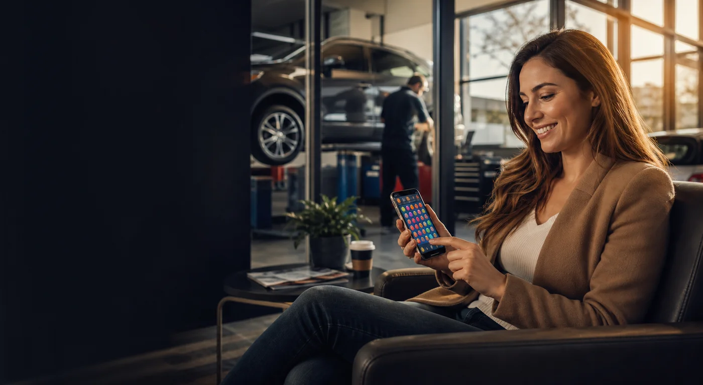 Campaign concept showing a customer playing a phone game in an automotive service lounge