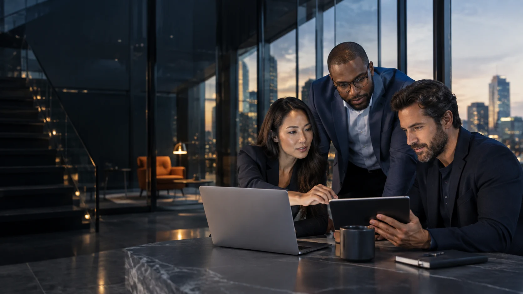Business professionals collaborating around a tablet and laptop in a contemporary technology workspace